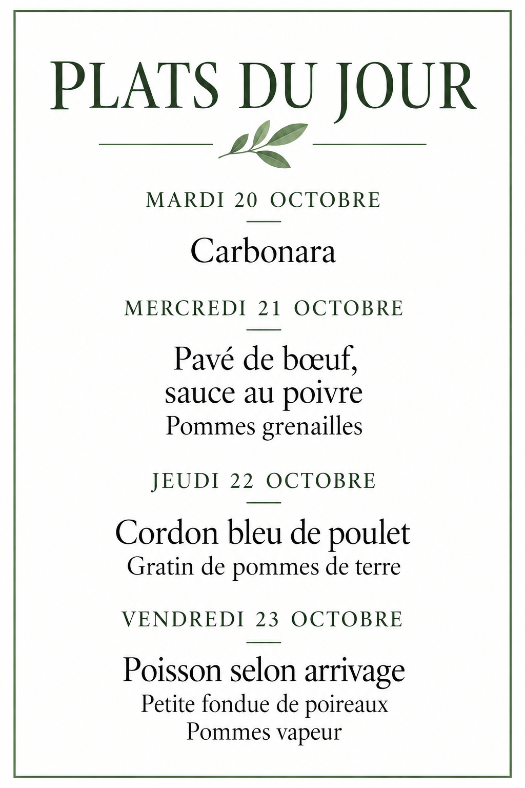 Menu des plats du jour botanique