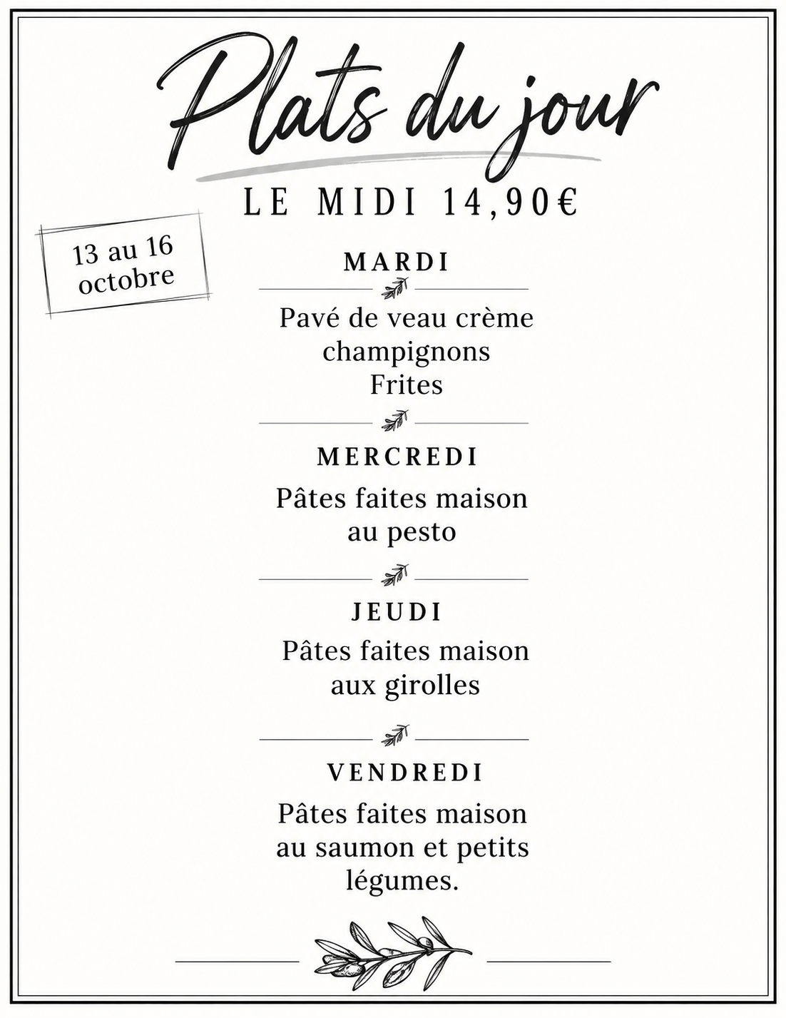 Menu du jour 13 au 16 octobre